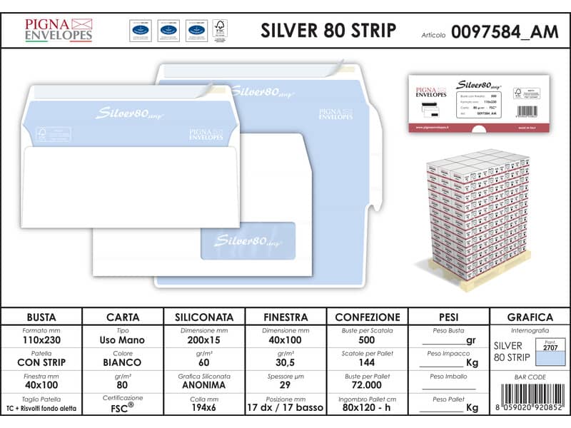 Buste con finestra Pigna Envelopes Silver80 80 g/m² 110x230 mm bianco conf. 500 - 0097584