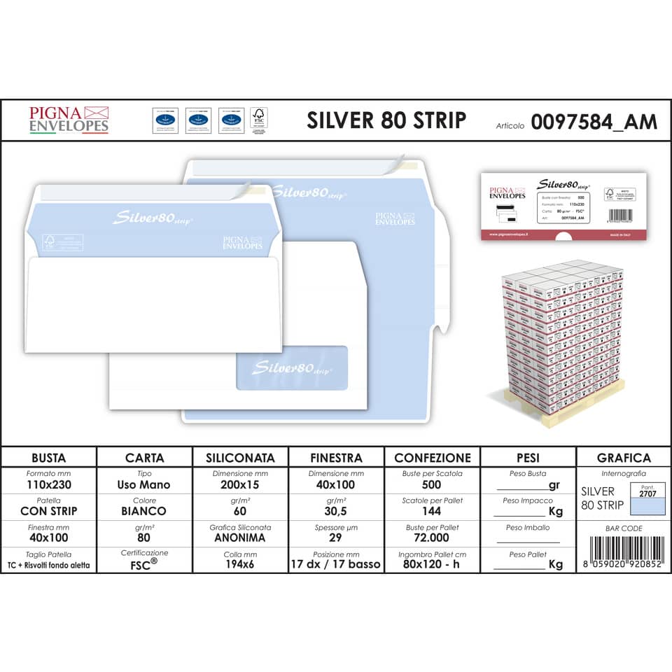 Buste con finestra Pigna Envelopes Silver80 80 g/m² 110x230 mm bianco conf. 500 - 0097584