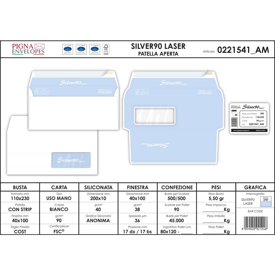 Buste con finestra Pigna Envelopes Silver90 Laser patella aperta 110x230 mm bianco  conf. 500 - 0221541