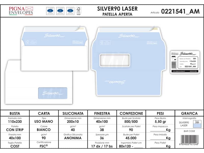 Buste con finestra Pigna Envelopes Silver90 Laser patella aperta 110x230 mm bianco  conf. 500 - 0221541