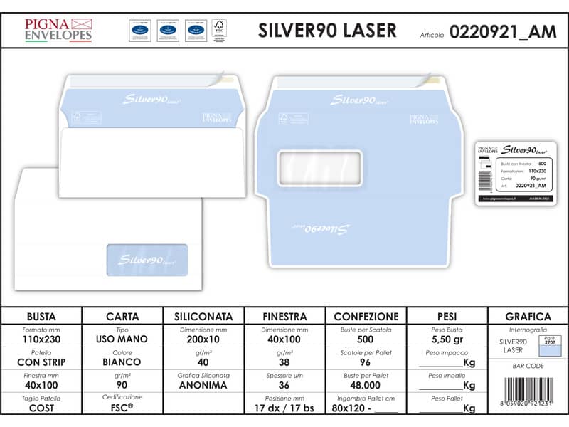 Buste con finestra Pigna Envelopes Silver90 Laser patella chiusa 110x230 mm bianco  conf. 500 - 0220921