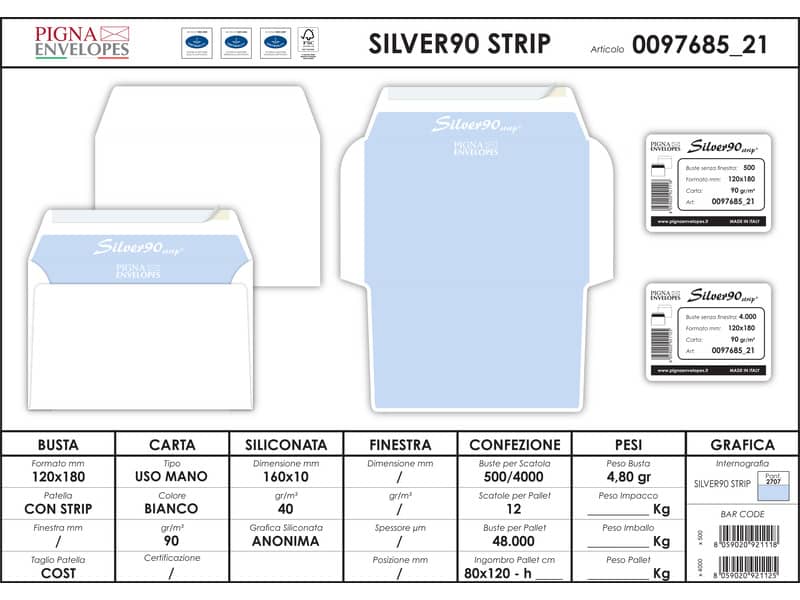 Buste senza finestra Pigna Envelopes Silver80 Strip 80 g/m² 120x180 mm bianco conf. 500 pezzi - 0097685