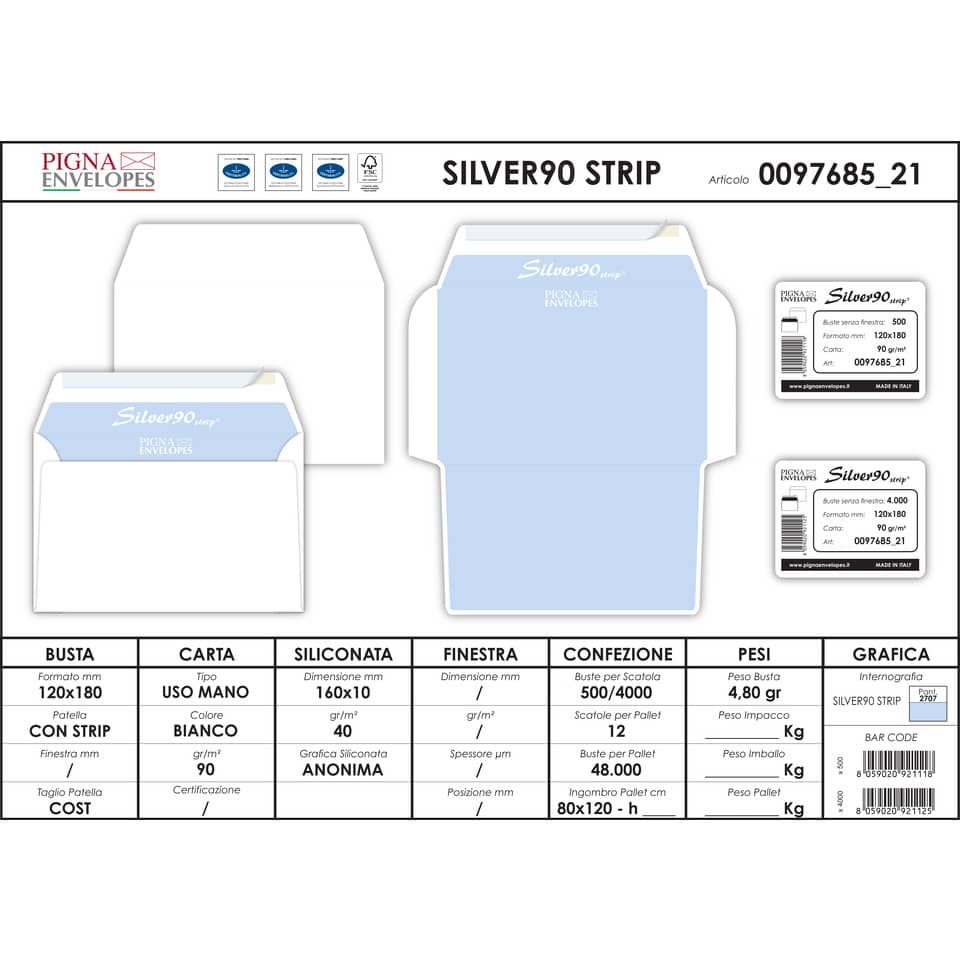 Buste senza finestra Pigna Envelopes Silver80 Strip 80 g/m² 120x180 mm bianco conf. 500 pezzi - 0097685