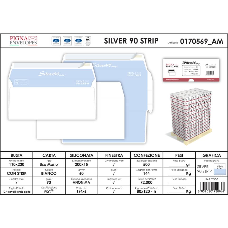 Buste senza finestra Pigna Envelopes Silver90 90 g/m² 110x230 mm bianco conf. 500 - 0170569