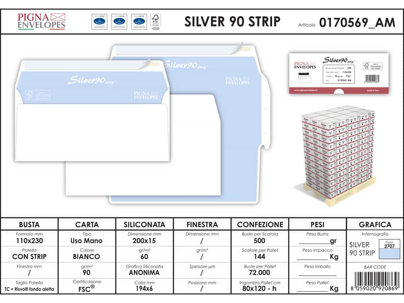 Buste senza finestra Pigna Envelopes Silver90 90 g/m² 110x230 mm bianco conf. 500 - 0170569