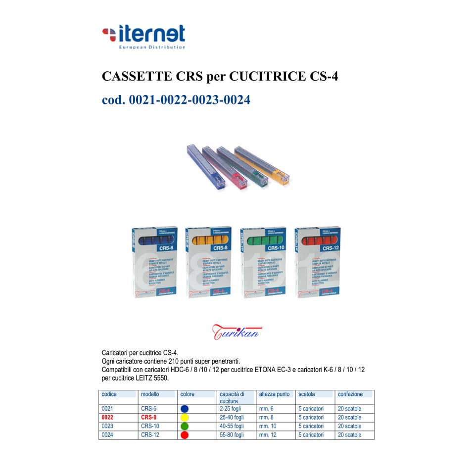 Caricatori per cucitrice Turikan CRS-8 giallo h. 8mm capacità 25-40 fogli conf. 5 - 0022