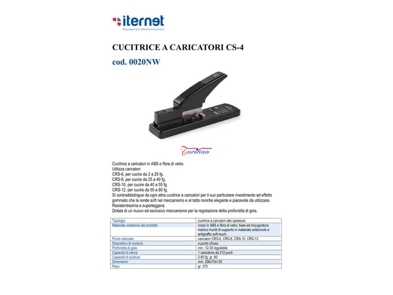 Cucitrice a caricatori Turikan CS-4 alto spessore nero ABS e fibra di vetro a punto chiuso - 0020NW
