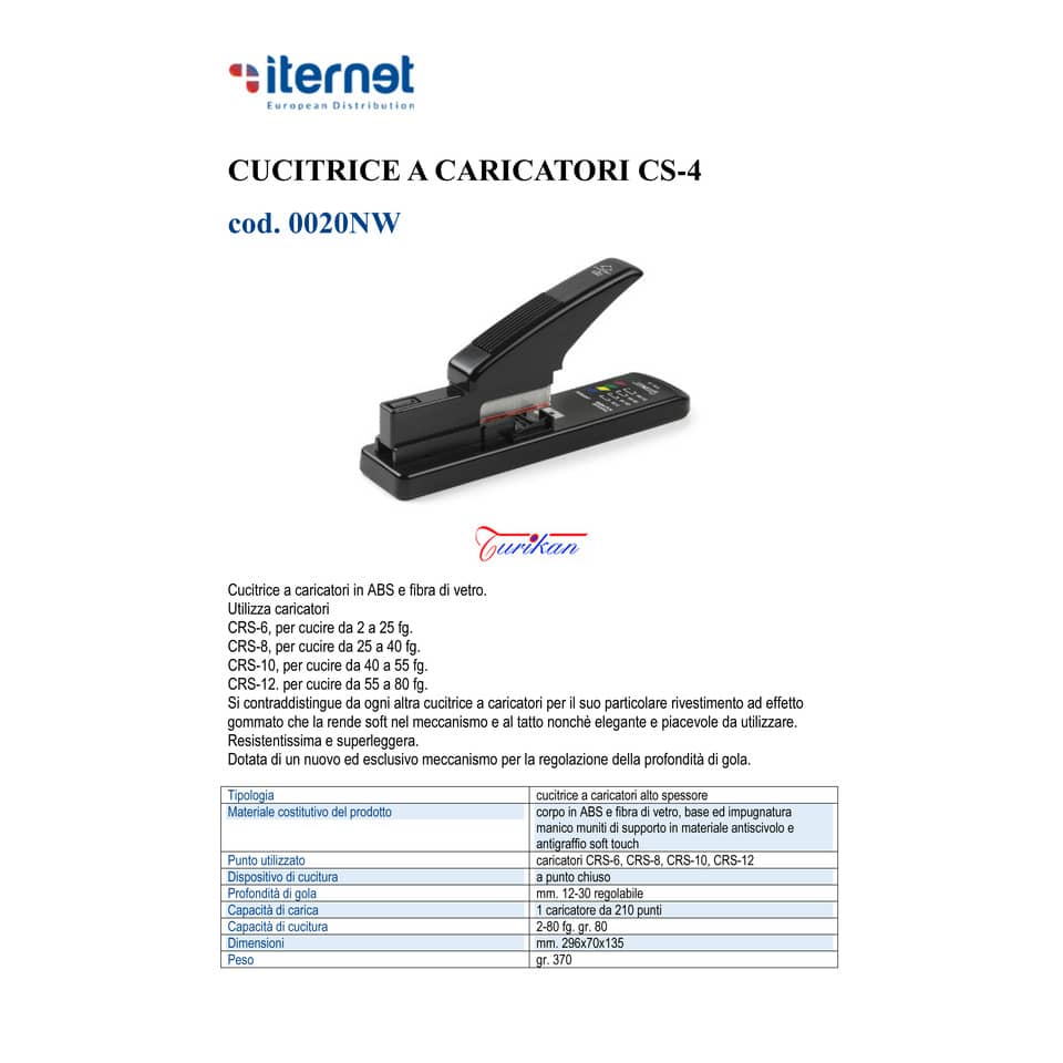 Cucitrice a caricatori Turikan CS-4 alto spessore nero ABS e fibra di vetro a punto chiuso - 0020NW