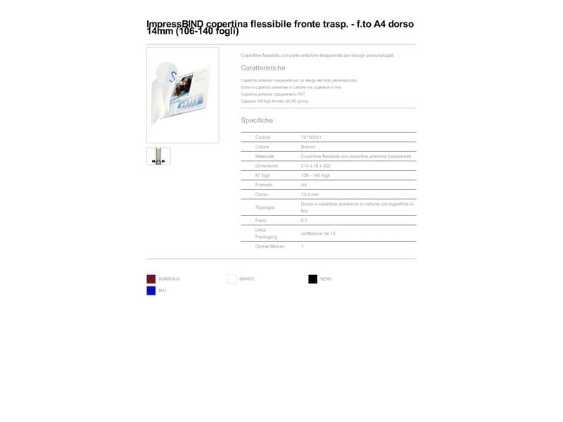 Copertina flessibile max 106-140 fogli Leitz impressBIND in PPL con dorso da 14 mm A4 bianco  conf. da 10 - 74150001