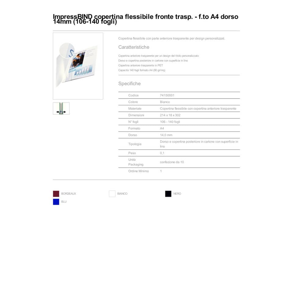 Copertina flessibile max 106-140 fogli Leitz impressBIND in PPL con dorso da 14 mm A4 bianco  conf. da 10 - 74150001