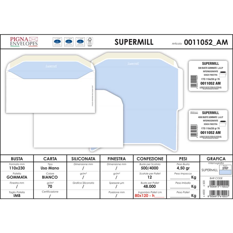 Buste senza finestra Pigna Envelopes Supermill 70 g/m² 110x230 mm bianco conf. 500 - 0011052