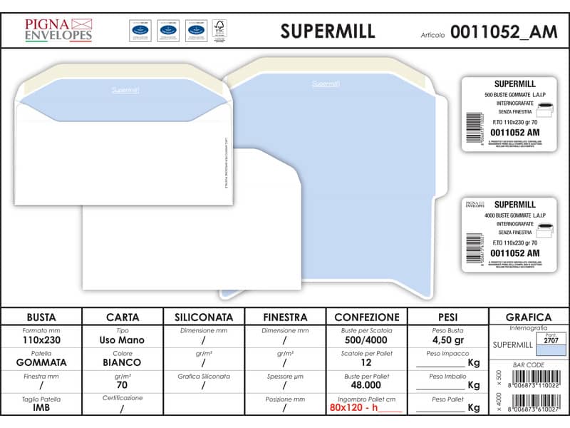 Buste senza finestra Pigna Envelopes Supermill 70 g/m² 110x230 mm bianco conf. 500 - 0011052