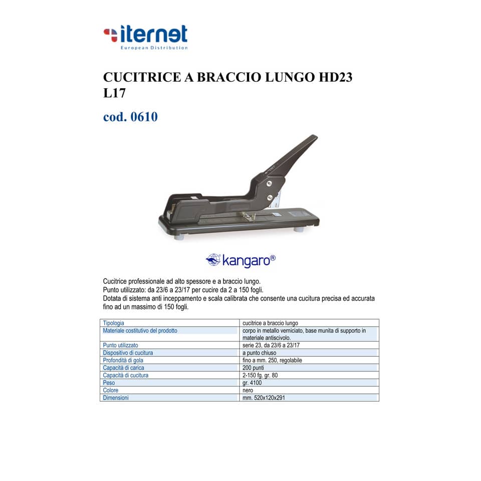Cucitrice a braccio lungo Kangaro HD23 L17 nero a punto chiuso mm. 520x120x291 0610