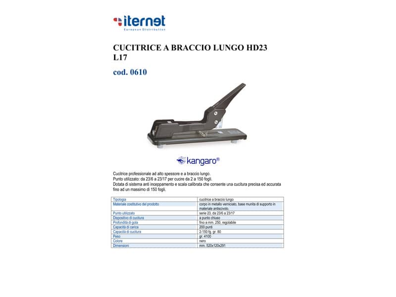 Cucitrice a braccio lungo Kangaro HD23 L17 nero a punto chiuso mm. 520x120x291 0610