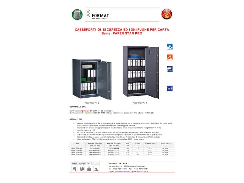 Cassaforte ignifuga Format grigio scuro - Ral 7024 con serratura a chiave doppia mappa. 302 lt. - PSPRO 5 K