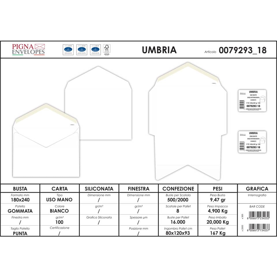 Buste senza finestra Pigna Envelopes Umbria 100 g/m² 180x240 mm bianco conf. 500 - 0079293