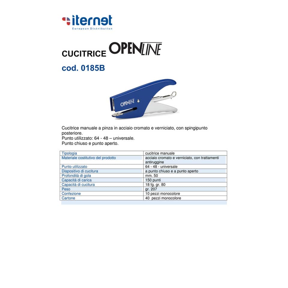 Cucitrice manuale a pinza OPENLINE passo 6 max 18 ff blu 0185B