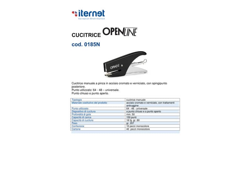 Cucitrice manuale a pinza OPENLINE passo 6 max 18 ff nero 0185N