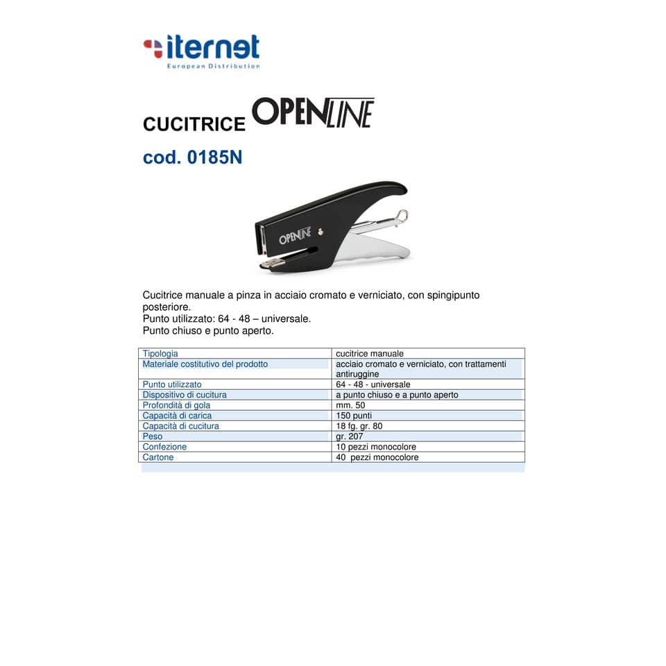 Cucitrice manuale a pinza OPENLINE passo 6 max 18 ff nero 0185N