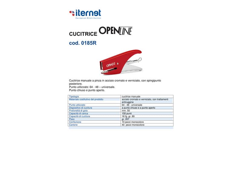 Cucitrice manuale a pinza OPENLINE passo 6 max 18 ff rosso 0185R