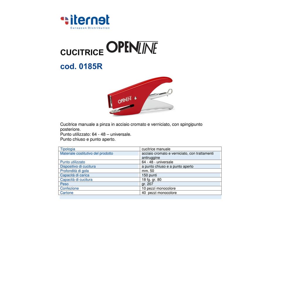 Cucitrice manuale a pinza OPENLINE passo 6 max 18 ff rosso 0185R