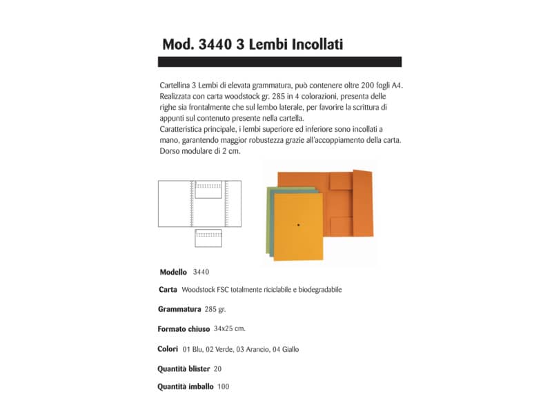 Cartelline a 3 lembi incollati 4Mat A4 in carta woodstock 285 g/m² dorso 2 cm blu  conf. da 20 pezzi - 3440 01