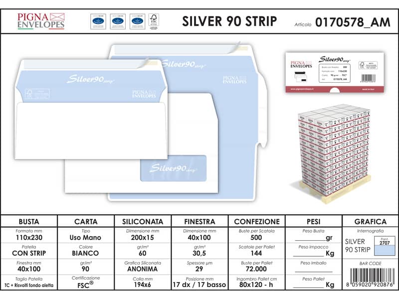 Buste con finestra Pigna Envelopes Silver90 90 g/m² 110x230 mm bianco conf. 500 - 0170578