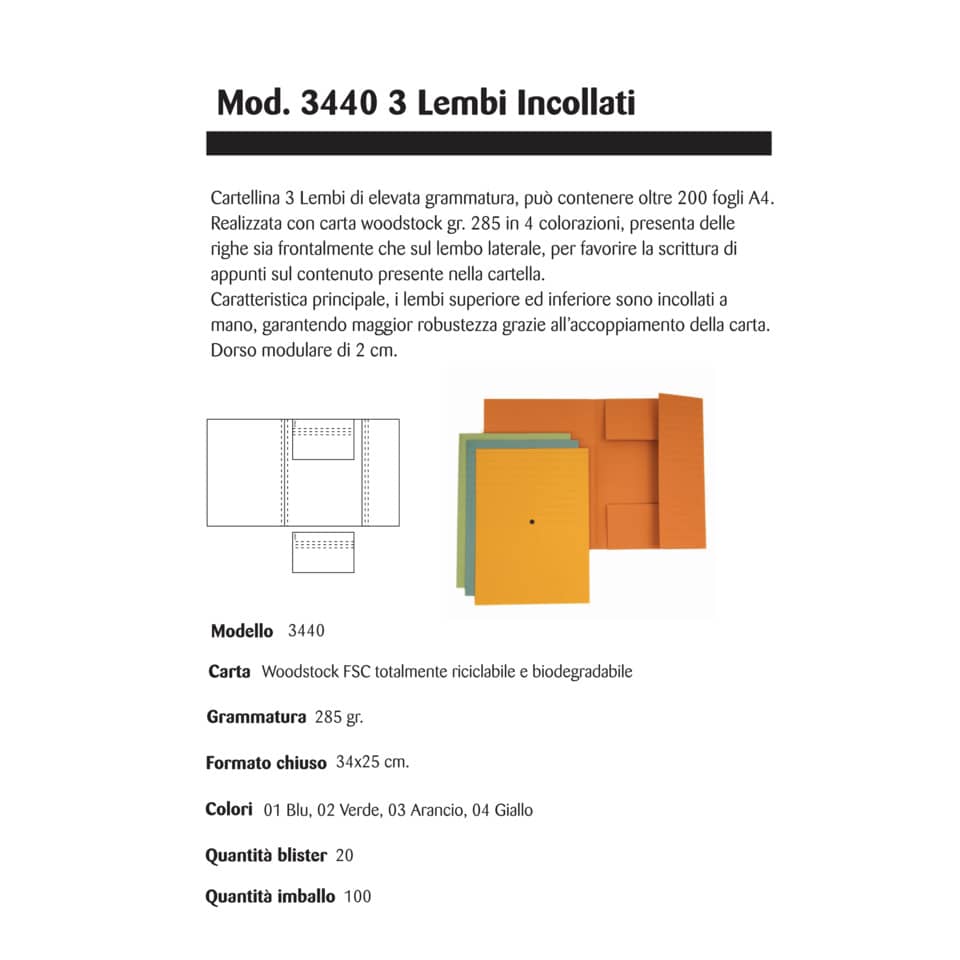Cartelline a 3 lembi incollati 4Mat A4 in carta woodstock 285 g/m² dorso 2 cm arancio conf. da 20 pezzi - 3440 03