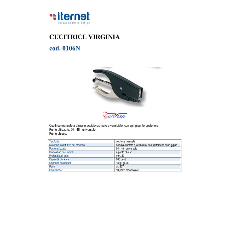 EC - Cucitrice manuale a pinza Turikan VIRGINIA passo 6 mm nero punto chiuso 0106N