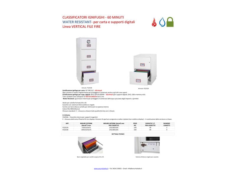 Classificatore ignifugo Phoenix bianco - Ral 9003 4 cassetti da 49lt. con serratura elettronica R3 - FS 2254 E