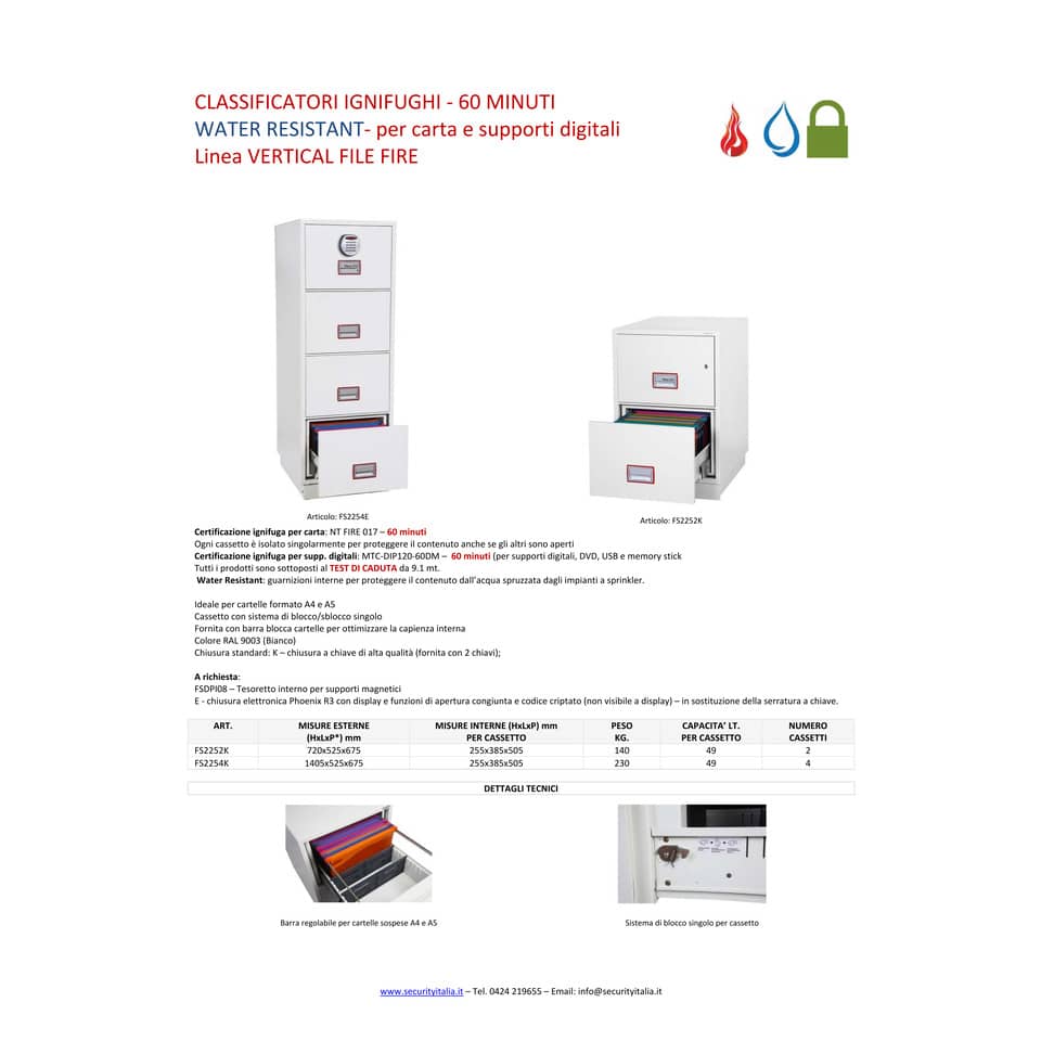 Classificatore ignifugo Phoenix bianco - Ral 9003 4 cassetti da 49lt. con serratura elettronica R3 - FS 2254 E