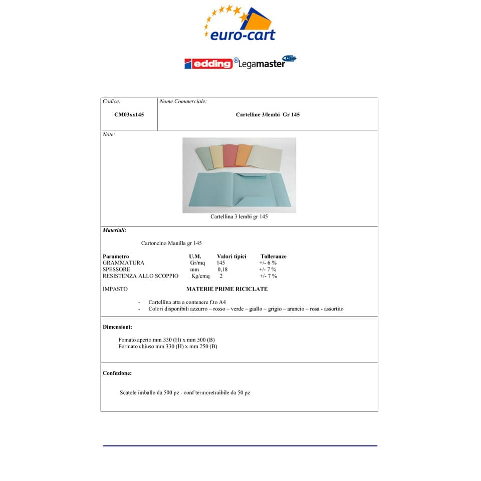 Cartelline a 3 lembi EURO-CART Cartoncino Manilla 25x33 cm gr. 145 g/mq rosso  conf. da 50 pezzi - CM03RO145