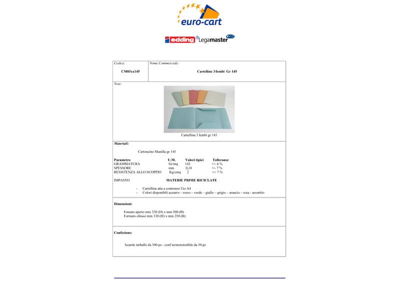 Cartelline a 3 lembi EURO-CART Cartoncino Manilla 25x33 cm gr. 145 g/mq verde  conf. da 50 pezzi - CM03VE145
