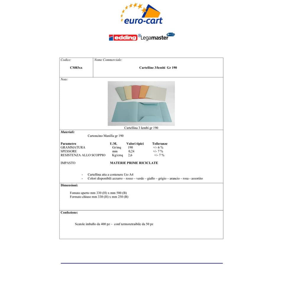 Cartelline a 3 lembi EURO-CART Cartoncino Manilla 25x33 cm gr. 190 g/mq azzurro  conf. da 50 pezzi - CM03AZ