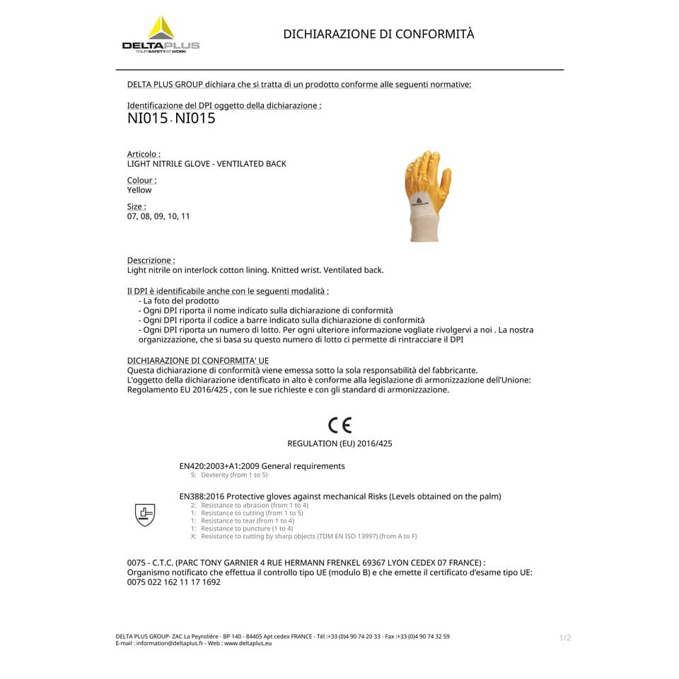 Guanto da lavoro Delta Plus nitrile leggero dorso aerato giallo taglia 10 - NI01510