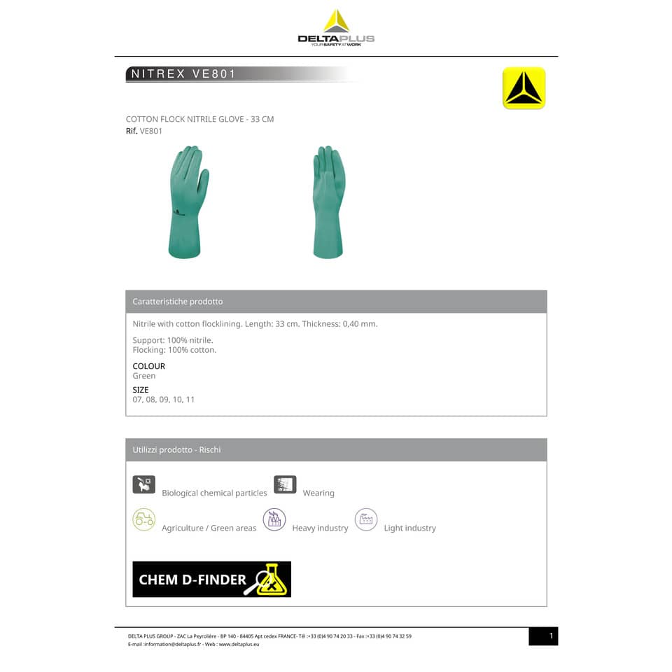 Guanto da lavoro Delta Plus Nitrile floccato cotone 33 cm verde taglia 7 - VE801VE07