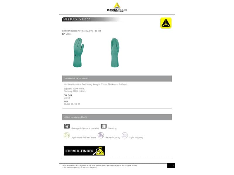 Guanto da lavoro Delta Plus Nitrile floccato cotone 33 cm verde taglia 7 - VE801VE07