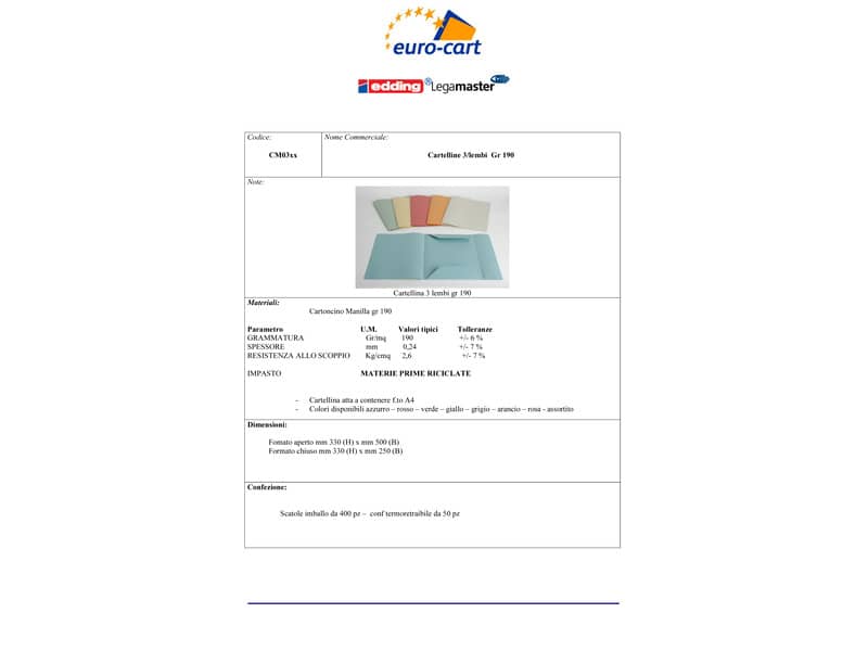 Cartelline a 3 lembi EURO-CART Cartoncino Manilla 25x33 cm gr. 190 g/mq giallo  conf. da 50 pezzi - CM03GI