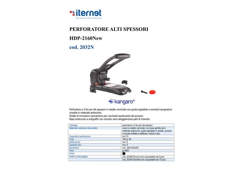 Perforatore a 2 fori Kangaro HDP-2160NEW fino a 150 fogli - nero foro 6 mm 2032N