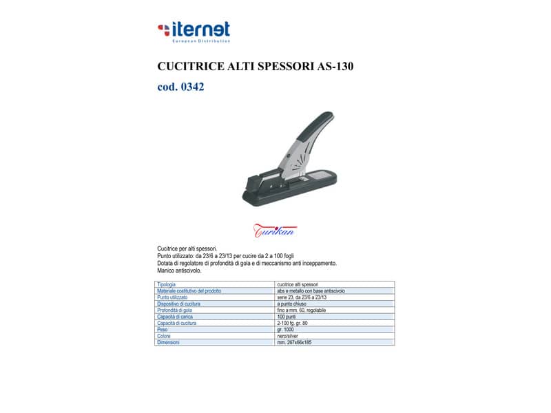 Cucitrice alti spessori Turikan AS-130 acciaio/nero a punto chiuso - fino a 100 fogli - 267x66x185 mm - 0342