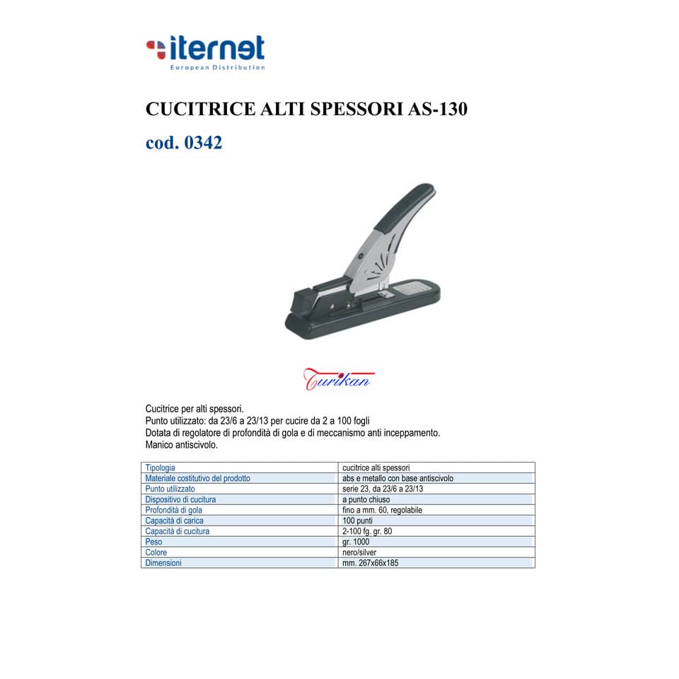 Cucitrice alti spessori Turikan AS-130 acciaio/nero a punto chiuso - fino a 100 fogli - 267x66x185 mm - 0342