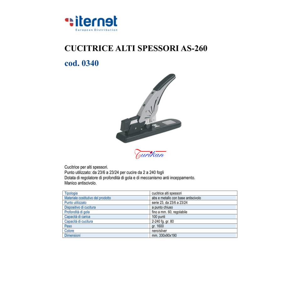 Cucitrice alti spessori Turikan AS-260 nero/silver a punto chiuso - fino a 240 fogli - 330x90x190 mm - 0340