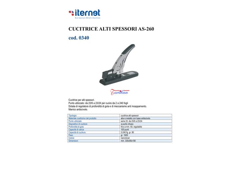 Cucitrice alti spessori Turikan AS-260 nero/silver a punto chiuso - fino a 240 fogli - 330x90x190 mm - 0340