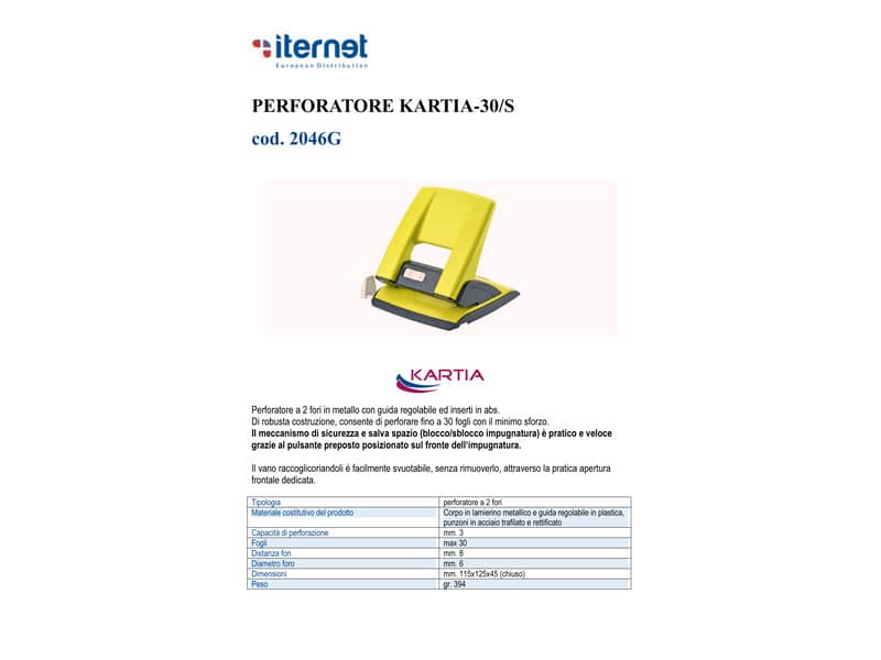 Perforatore a 2 fori Kartia 30/S fino a 30 fogli - giallo foro 6 mm 2046G