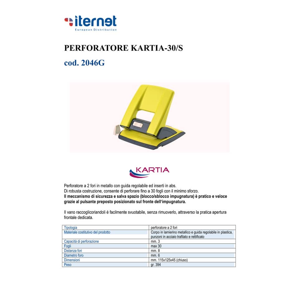 Perforatore a 2 fori Kartia 30/S fino a 30 fogli - giallo foro 6 mm 2046G