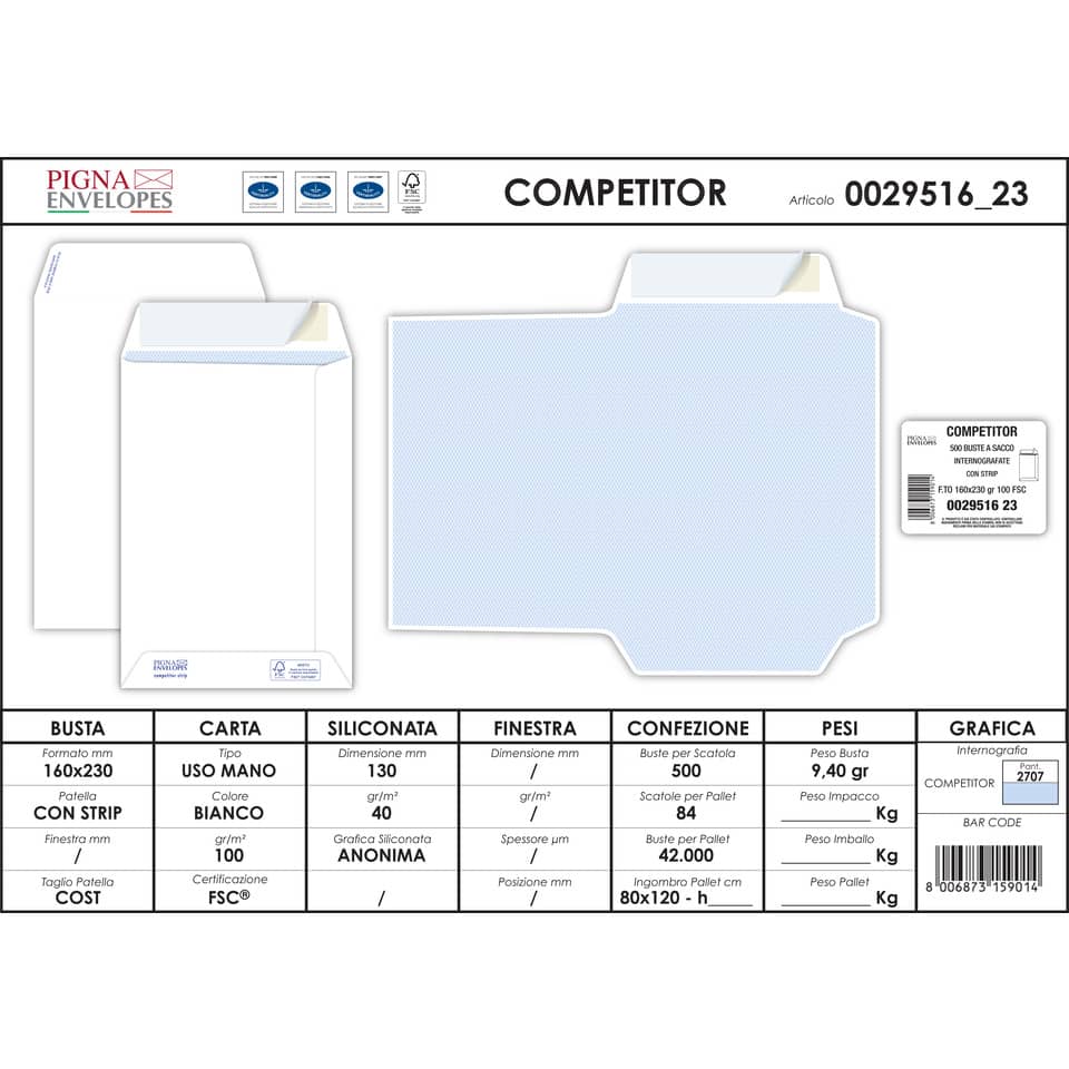 Buste a sacco bianche autoad. removibili Pigna Envelopes Competitor strip 100 g/m² 160x230 mm  conf. 500 pz - 0029516