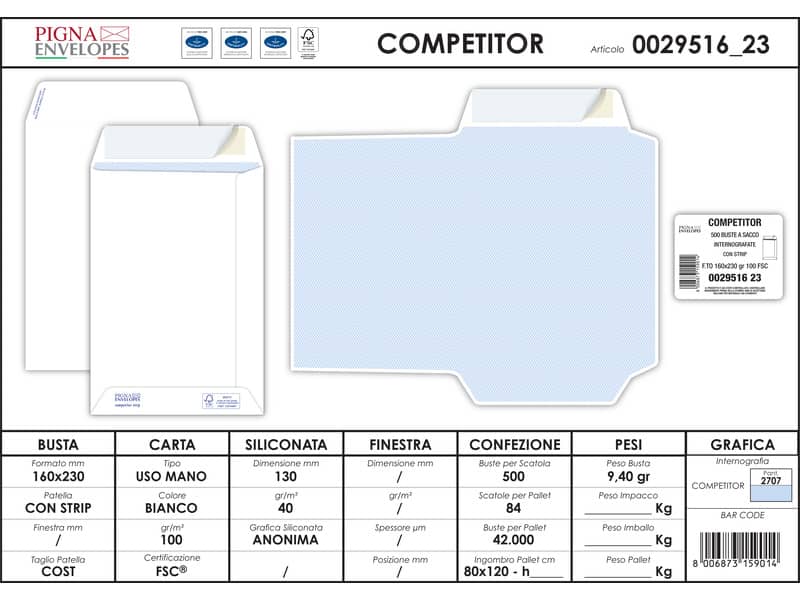 Buste a sacco bianche autoad. removibili Pigna Envelopes Competitor strip 100 g/m² 160x230 mm  conf. 500 pz - 0029516