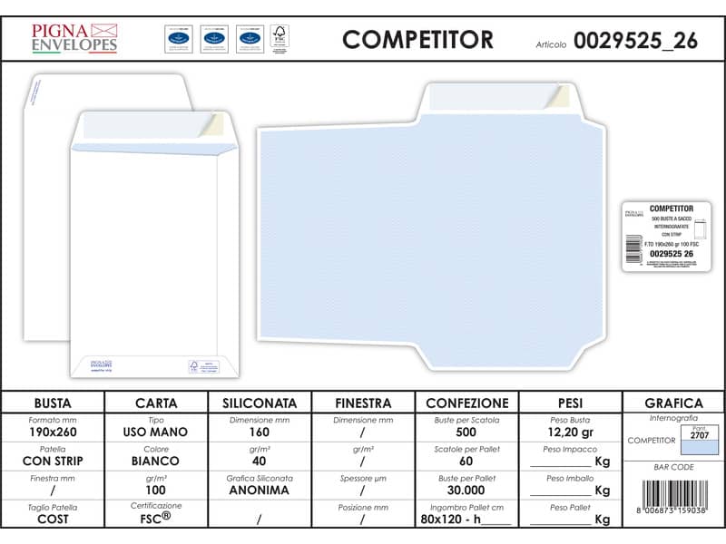 Buste a sacco bianche autoad. removibili Pigna Envelopes Competitor strip 100 g/m² 190x260 mm  conf. 500 - 0029525