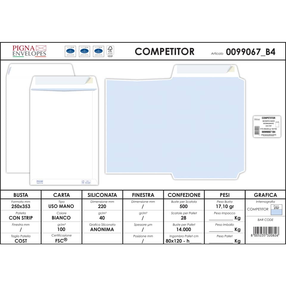 Buste a sacco bianche autoad. removibili Pigna Envelopes Competitor String 100 g/m² 250x353 mm  conf. 500 - 0099067