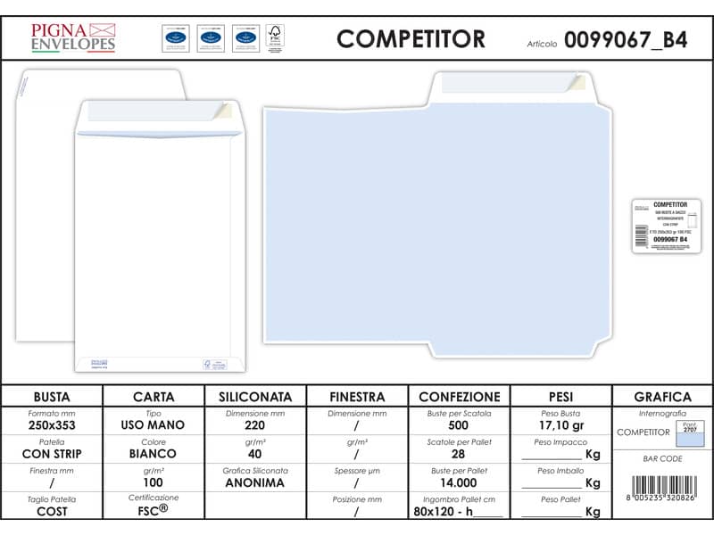 Buste a sacco bianche autoad. removibili Pigna Envelopes Competitor String 100 g/m² 250x353 mm  conf. 500 - 0099067